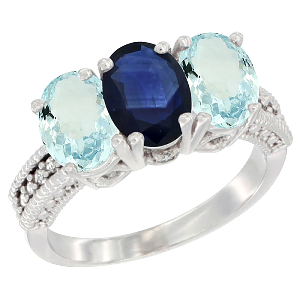 10K White Gold Natural Blue Sapphire &amp; Aquamarine Sides Ring 3-Stone Oval 7x5 mm Diamond Accent, sizes 5 - 10