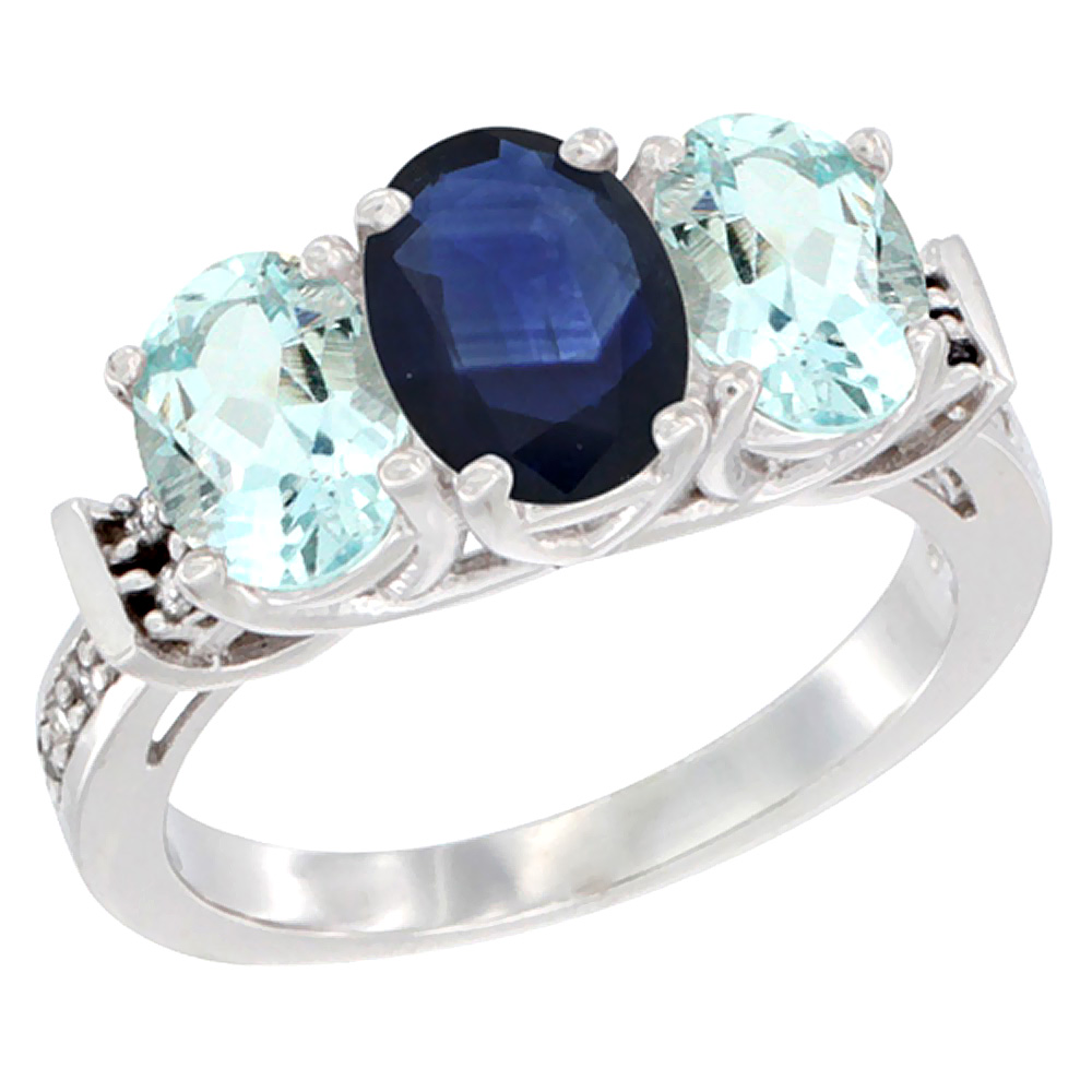 14K White Gold Natural Blue Sapphire &amp; Aquamarine Sides Ring 3-Stone Oval Diamond Accent, sizes 5 - 10