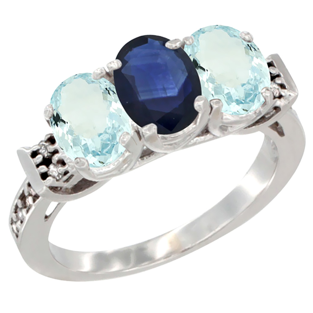 10K White Gold Natural Blue Sapphire &amp; Aquamarine Sides Ring 3-Stone Oval 7x5 mm Diamond Accent, sizes 5 - 10
