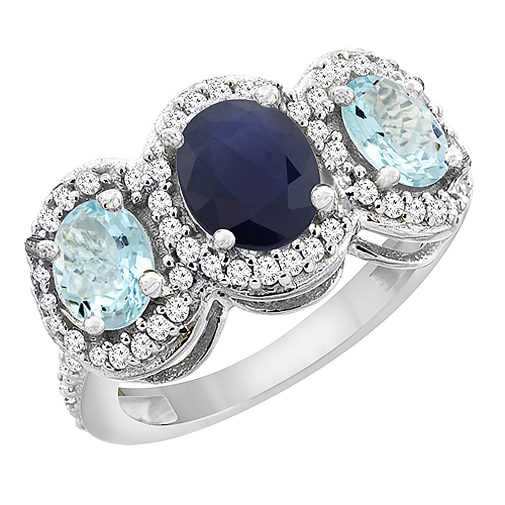 14K White Gold Natural Blue Sapphire & Aquamarine 3-Stone Ring Oval Diamond Accent, sizes 5 - 10