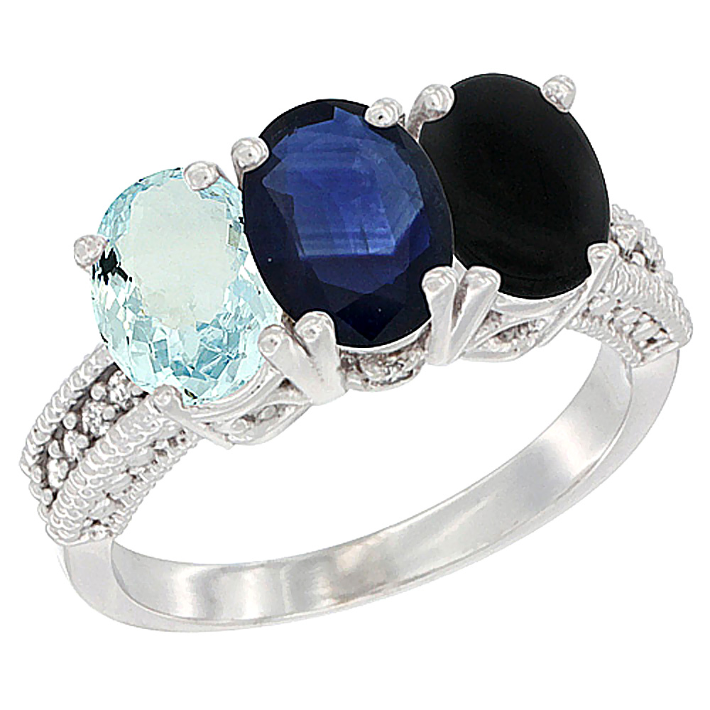 14K White Gold Natural Aquamarine, Blue Sapphire &amp; Black Onyx Ring 3-Stone Oval 7x5 mm Diamond Accent, sizes 5 - 10