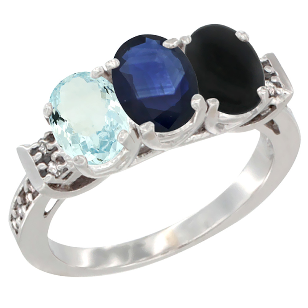 10K White Gold Natural Aquamarine, Blue Sapphire & Black Onyx Ring 3-Stone Oval 7x5 mm Diamond Accent, sizes 5 - 10