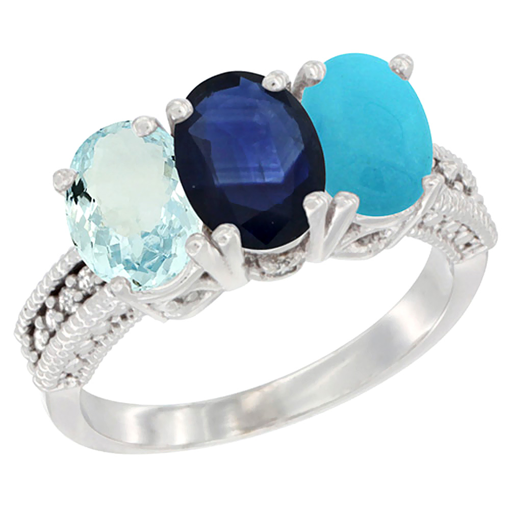 14K White Gold Natural Aquamarine, Blue Sapphire & Turquoise Ring 3-Stone Oval 7x5 mm Diamond Accent, sizes 5 - 10