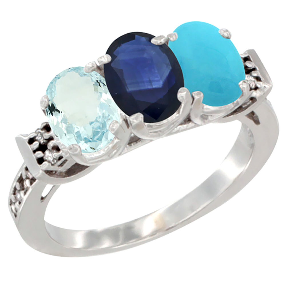 10K White Gold Natural Aquamarine, Blue Sapphire & Turquoise Ring 3-Stone Oval 7x5 mm Diamond Accent, sizes 5 - 10