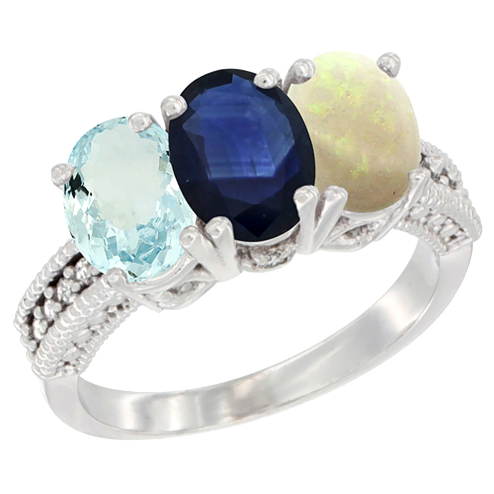 10K White Gold Natural Aquamarine, Blue Sapphire &amp; Opal Ring 3-Stone Oval 7x5 mm Diamond Accent, sizes 5 - 10