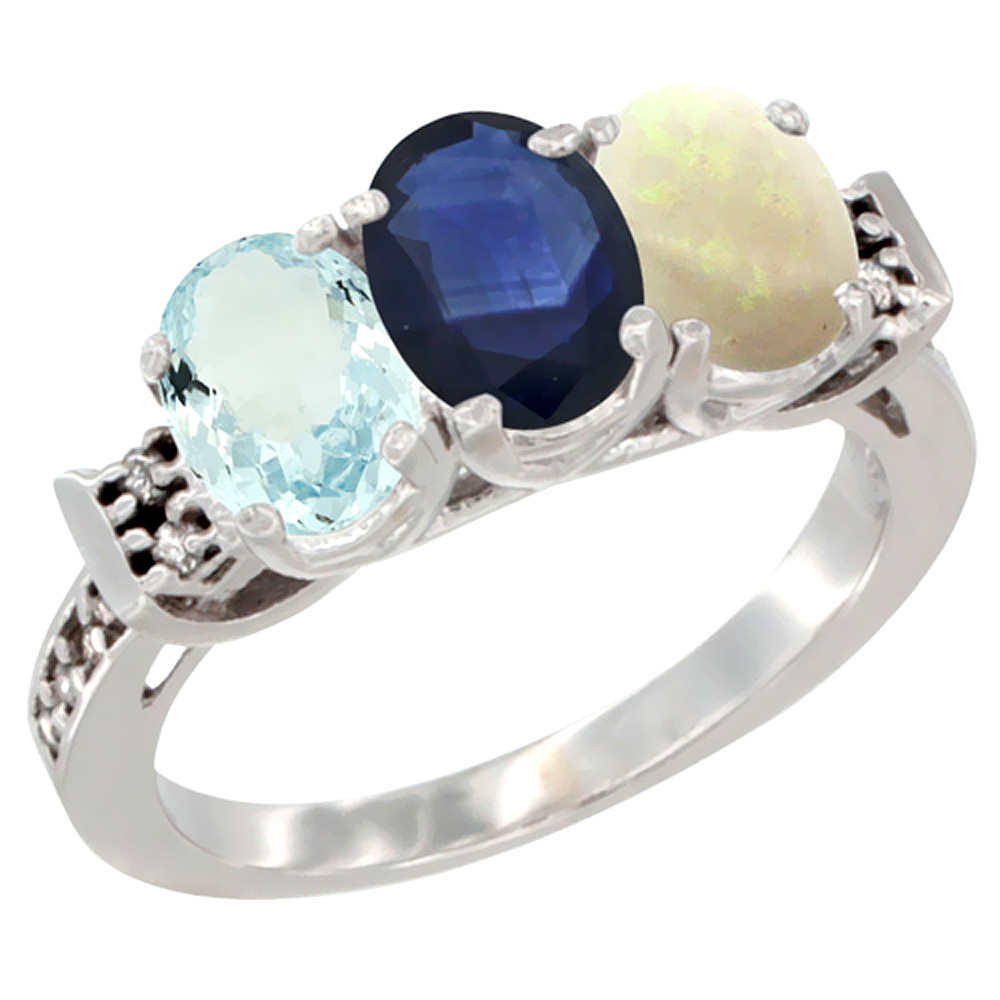 10K White Gold Natural Aquamarine, Blue Sapphire & Opal Ring 3-Stone Oval 7x5 mm Diamond Accent, sizes 5 - 10