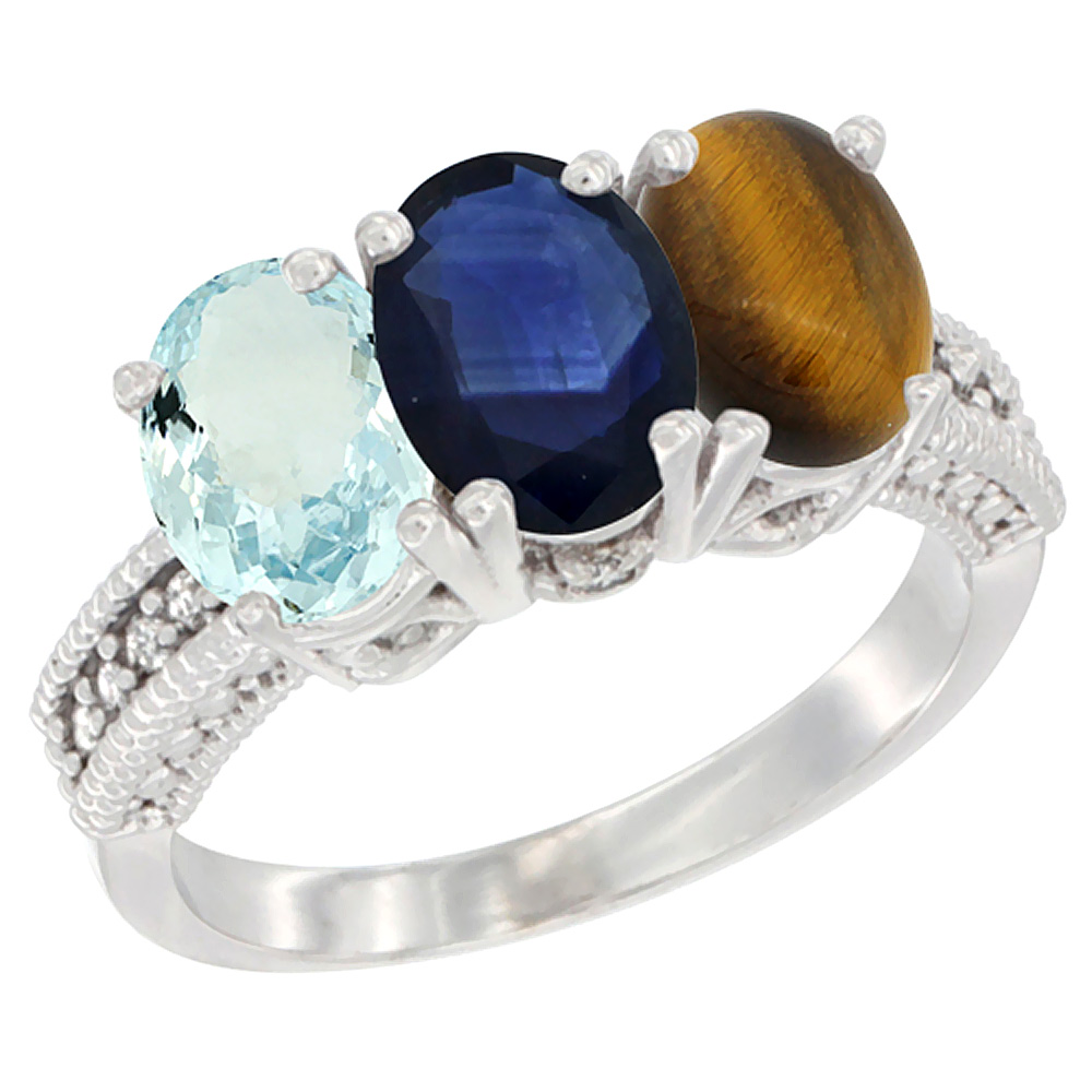 10K White Gold Natural Aquamarine, Blue Sapphire & Tiger Eye Ring 3-Stone Oval 7x5 mm Diamond Accent, sizes 5 - 10