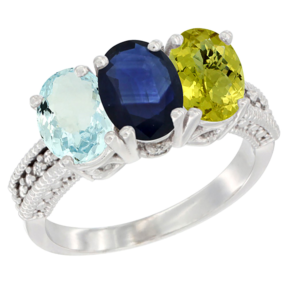 14K White Gold Natural Aquamarine, Blue Sapphire & Lemon Quartz Ring 3-Stone Oval 7x5 mm Diamond Accent, sizes 5 - 10