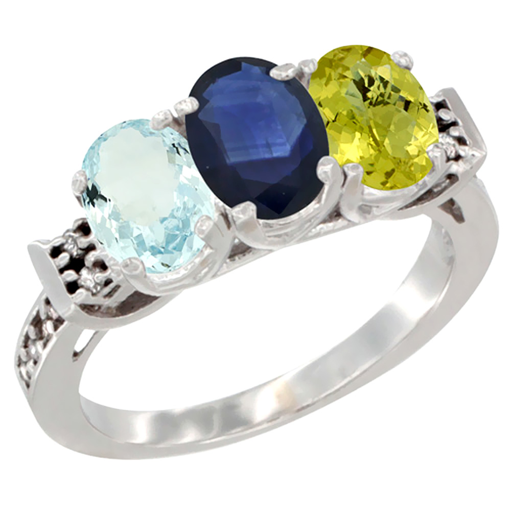 14K White Gold Natural Aquamarine, Blue Sapphire & Lemon Quartz Ring 3-Stone Oval 7x5 mm Diamond Accent, sizes 5 - 10