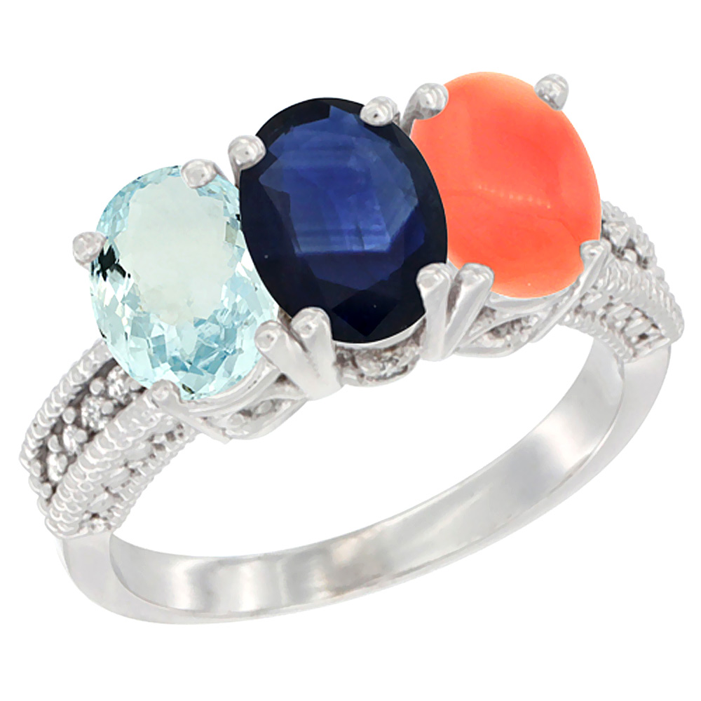 10K White Gold Natural Aquamarine, Blue Sapphire &amp; Coral Ring 3-Stone Oval 7x5 mm Diamond Accent, sizes 5 - 10