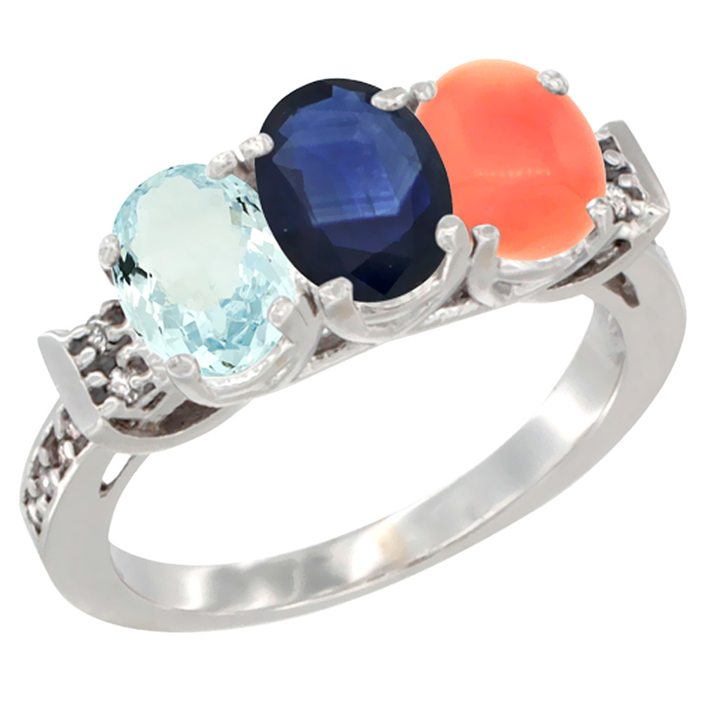14K White Gold Natural Aquamarine, Blue Sapphire &amp; Coral Ring 3-Stone Oval 7x5 mm Diamond Accent, sizes 5 - 10