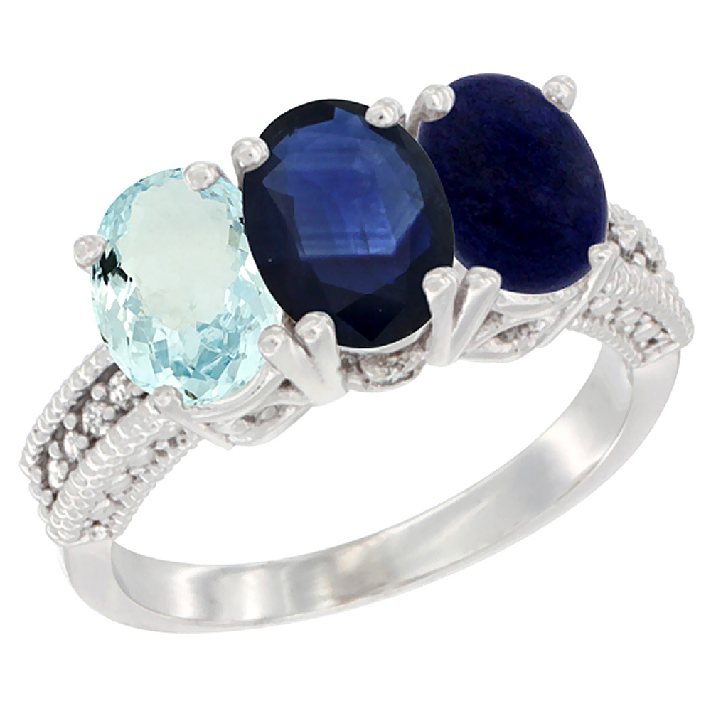 14K White Gold Natural Aquamarine, Blue Sapphire &amp; Lapis Ring 3-Stone Oval 7x5 mm Diamond Accent, sizes 5 - 10