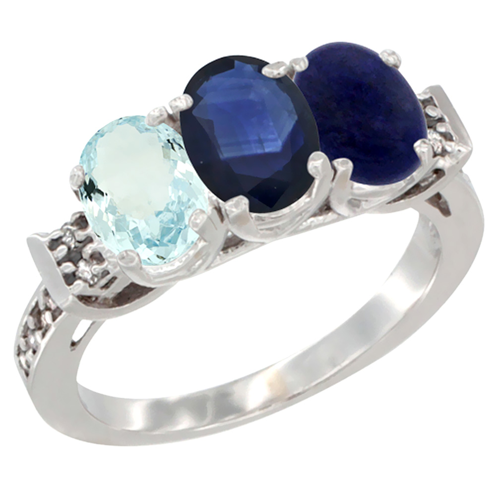 14K White Gold Natural Aquamarine, Blue Sapphire & Lapis Ring 3-Stone Oval 7x5 mm Diamond Accent, sizes 5 - 10