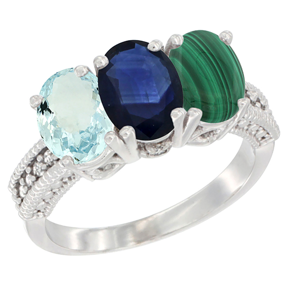 10K White Gold Natural Aquamarine, Blue Sapphire & Malachite Ring 3-Stone Oval 7x5 mm Diamond Accent, sizes 5 - 10