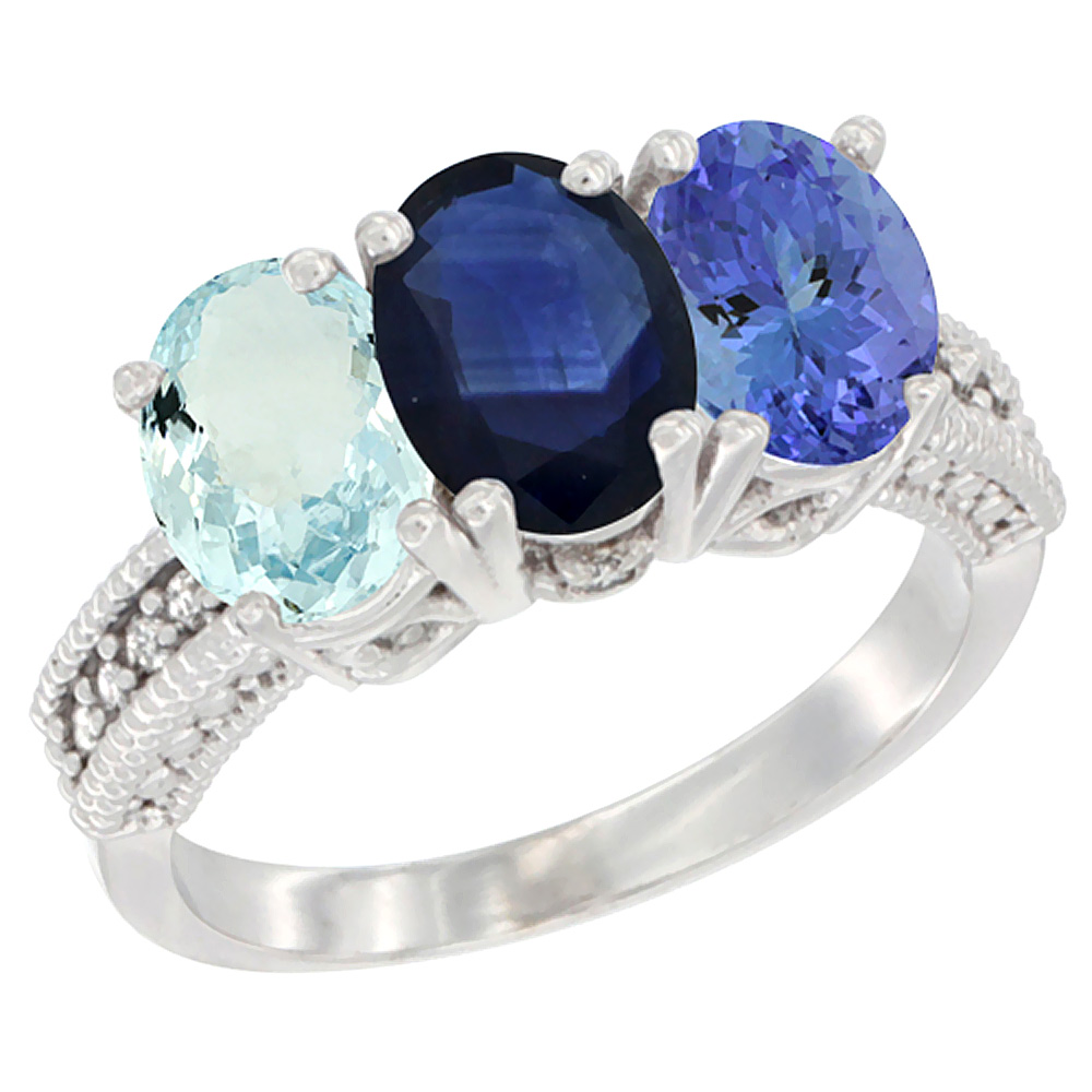 10K White Gold Natural Aquamarine, Blue Sapphire & Tanzanite Ring 3-Stone Oval 7x5 mm Diamond Accent, sizes 5 - 10