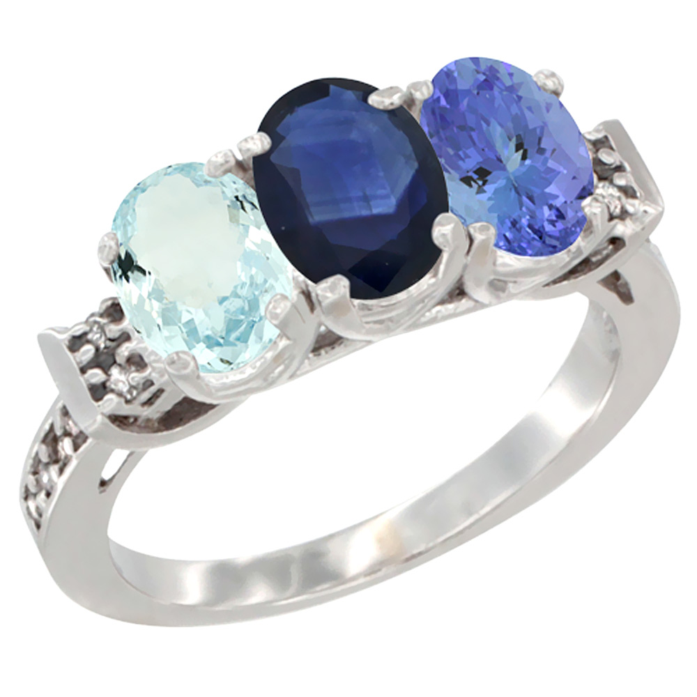 14K White Gold Natural Aquamarine, Blue Sapphire & Tanzanite Ring 3-Stone Oval 7x5 mm Diamond Accent, sizes 5 - 10