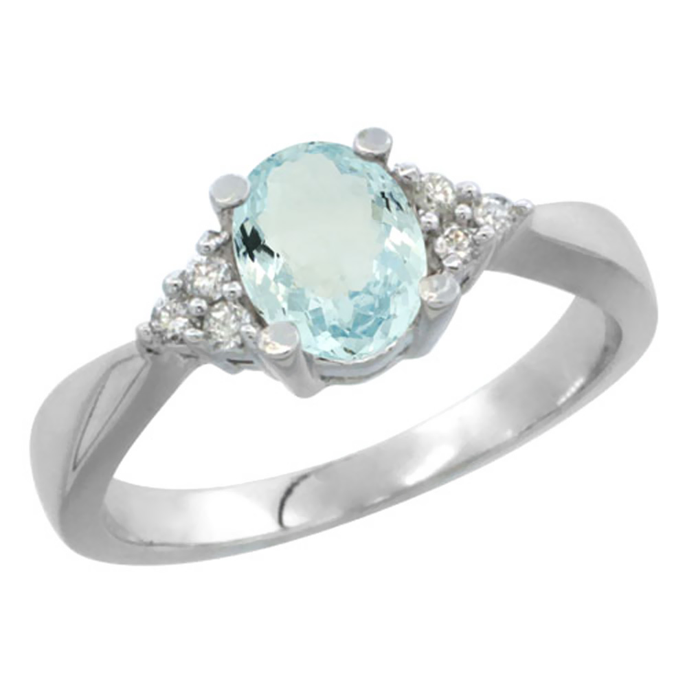 14K White Gold Diamond Natural Aquamarine Engagement Ring Oval 7x5mm, sizes 5-10