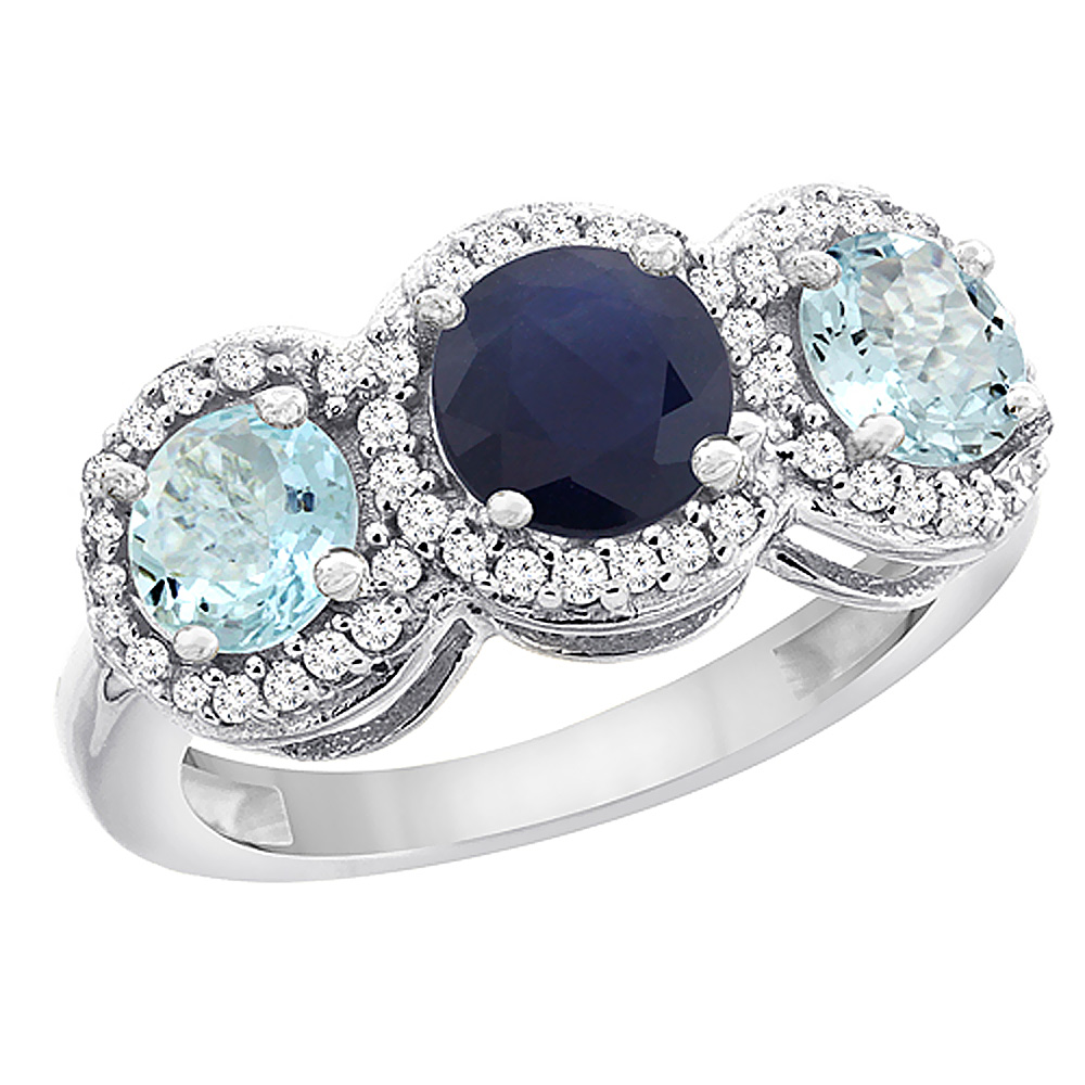 14K White Gold Natural High Quality Blue Sapphire &amp; Aquamarine Sides Round 3-stone Ring Diamond Accents, sizes 5 - 10