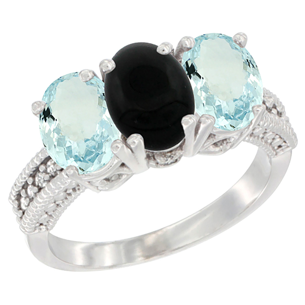14K White Gold Natural Black Onyx & Aquamarine Sides Ring 3-Stone Oval 7x5 mm Diamond Accent, sizes 5 - 10
