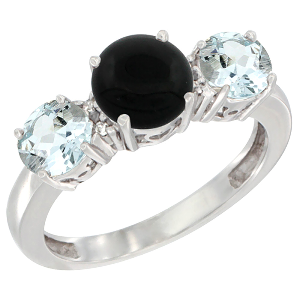 14K White Gold Round 3-Stone Natural Black Onyx Ring & Aquamarine Sides Diamond Accent, sizes 5 - 10