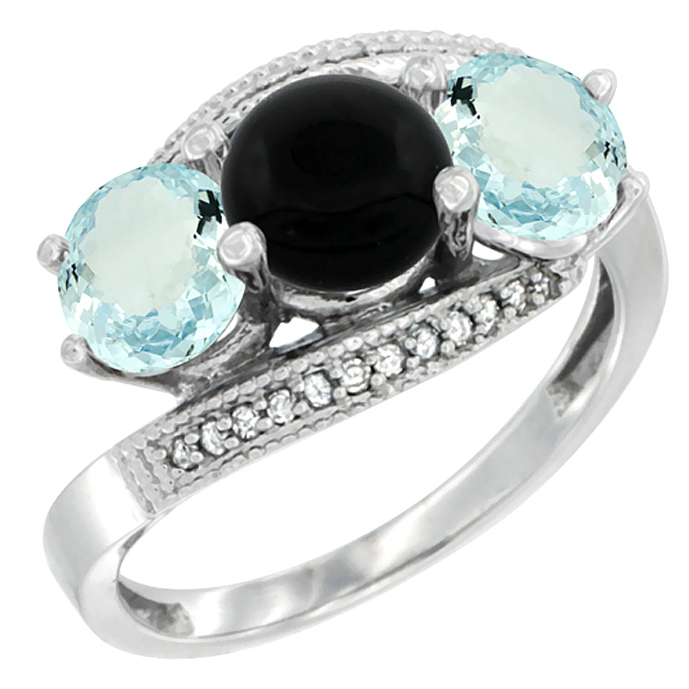10K White Gold Natural Black Onyx &amp; Aquamarine Sides 3 stone Ring Round 6mm Diamond Accent, sizes 5 - 10