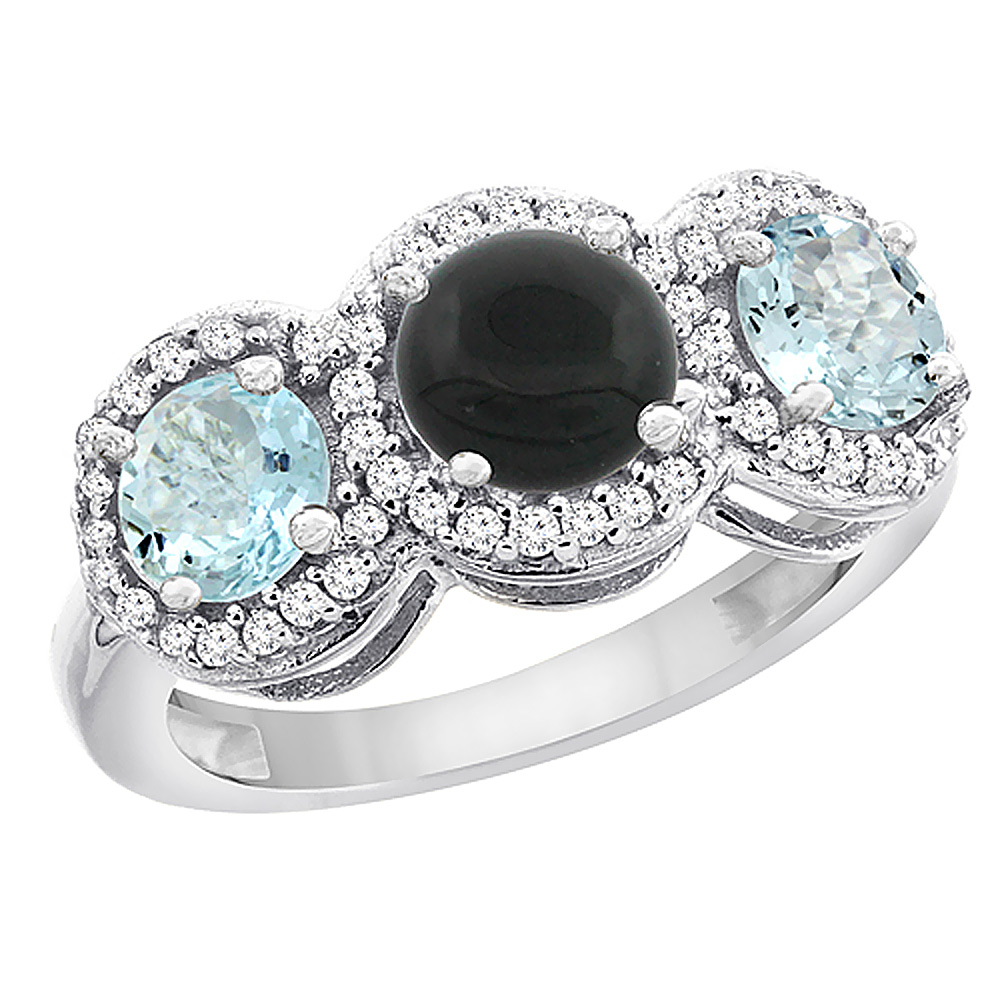 14K White Gold Natural Black Onyx & Aquamarine Sides Round 3-stone Ring Diamond Accents, sizes 5 - 10