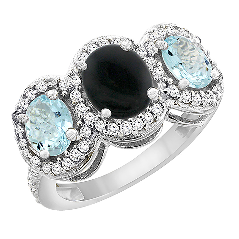 14K White Gold Natural Black Onyx & Aquamarine 3-Stone Ring Oval Diamond Accent, sizes 5 - 10