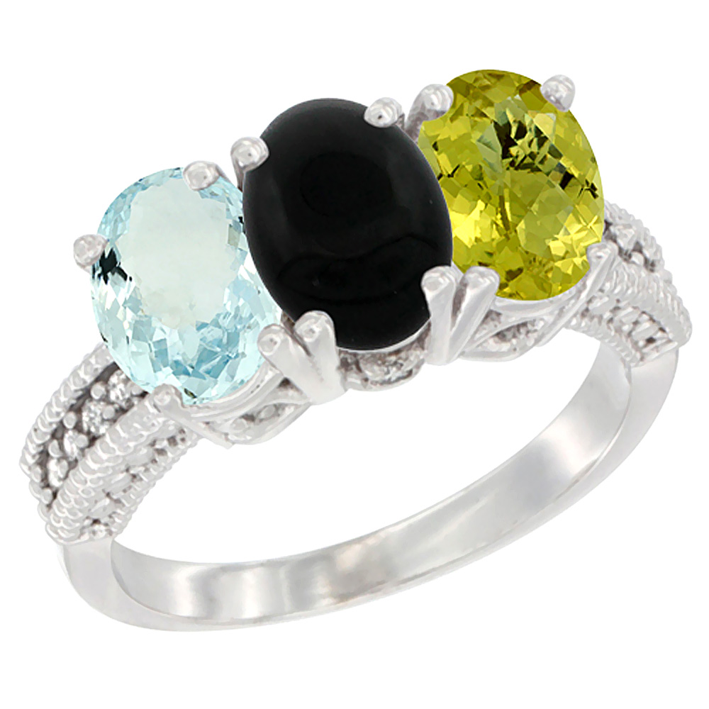 14K White Gold Natural Aquamarine, Black Onyx &amp; Lemon Quartz Ring 3-Stone Oval 7x5 mm Diamond Accent, sizes 5 - 10