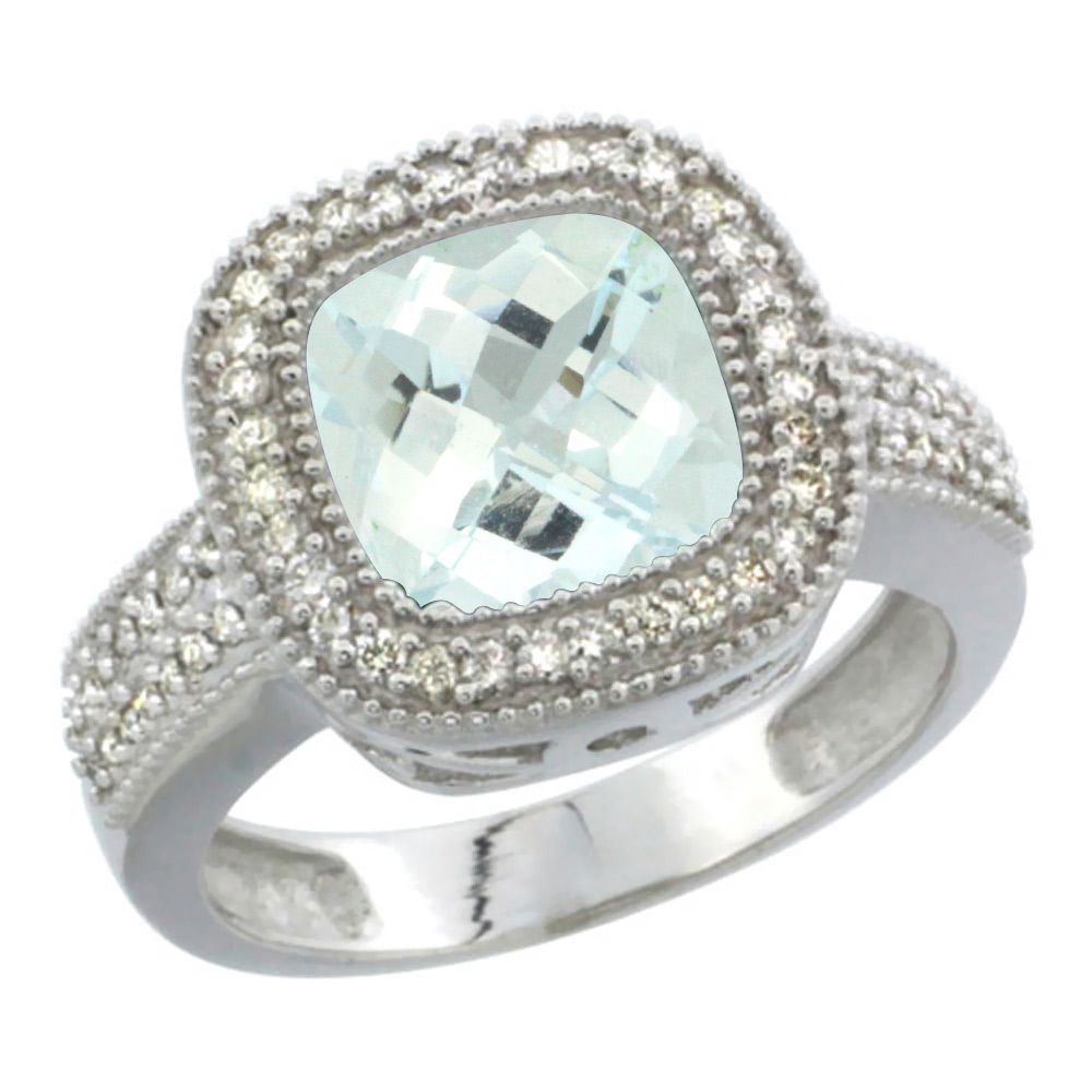 14K White Gold Natural Aquamarine Ring Diamond Accent, Cushion-cut 9x9mm Diamond Accent, sizes 5-10