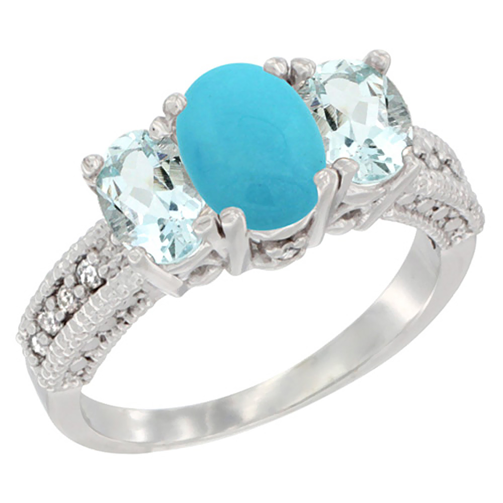 14K White Gold Diamond Natural Turquoise Ring Oval 3-stone with Aquamarine, sizes 5 - 10