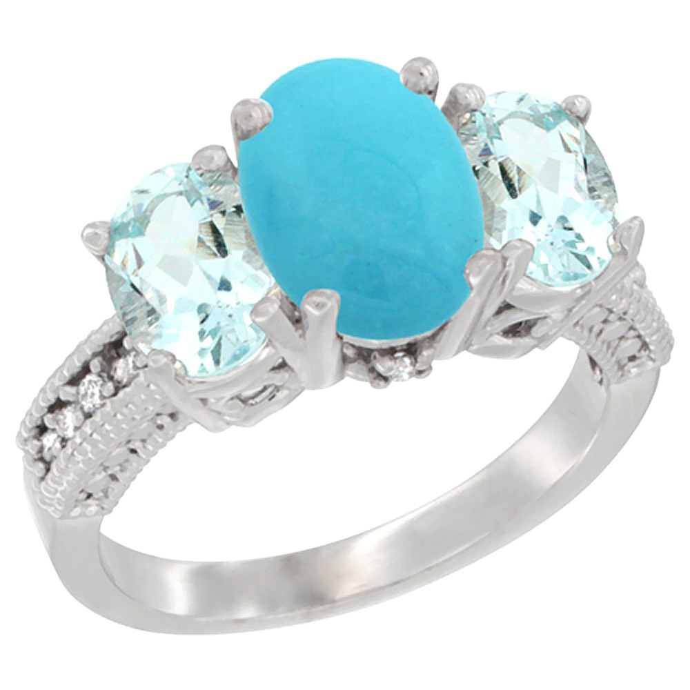 10K White Gold Diamond Natural Turquoise Ring 3-Stone Oval 8x6mm with Aquamarine, sizes5-10