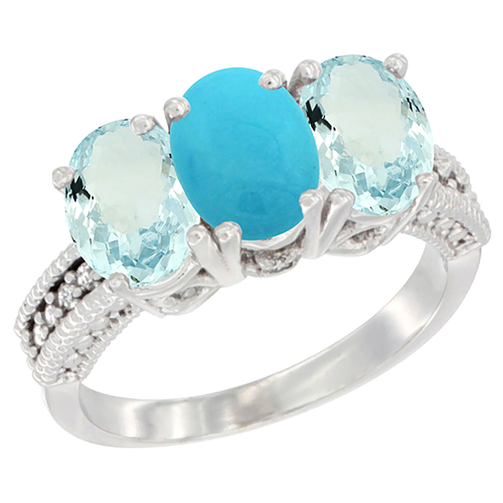 14K White Gold Natural Turquoise &amp; Aquamarine Sides Ring 3-Stone Oval 7x5 mm Diamond Accent, sizes 5 - 10