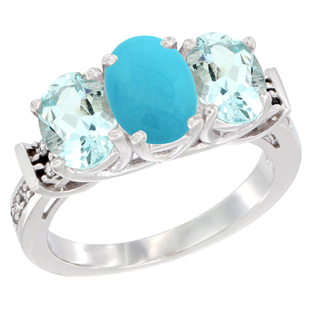 14K White Gold Natural Turquoise &amp; Aquamarine Sides Ring 3-Stone Oval Diamond Accent, sizes 5 - 10