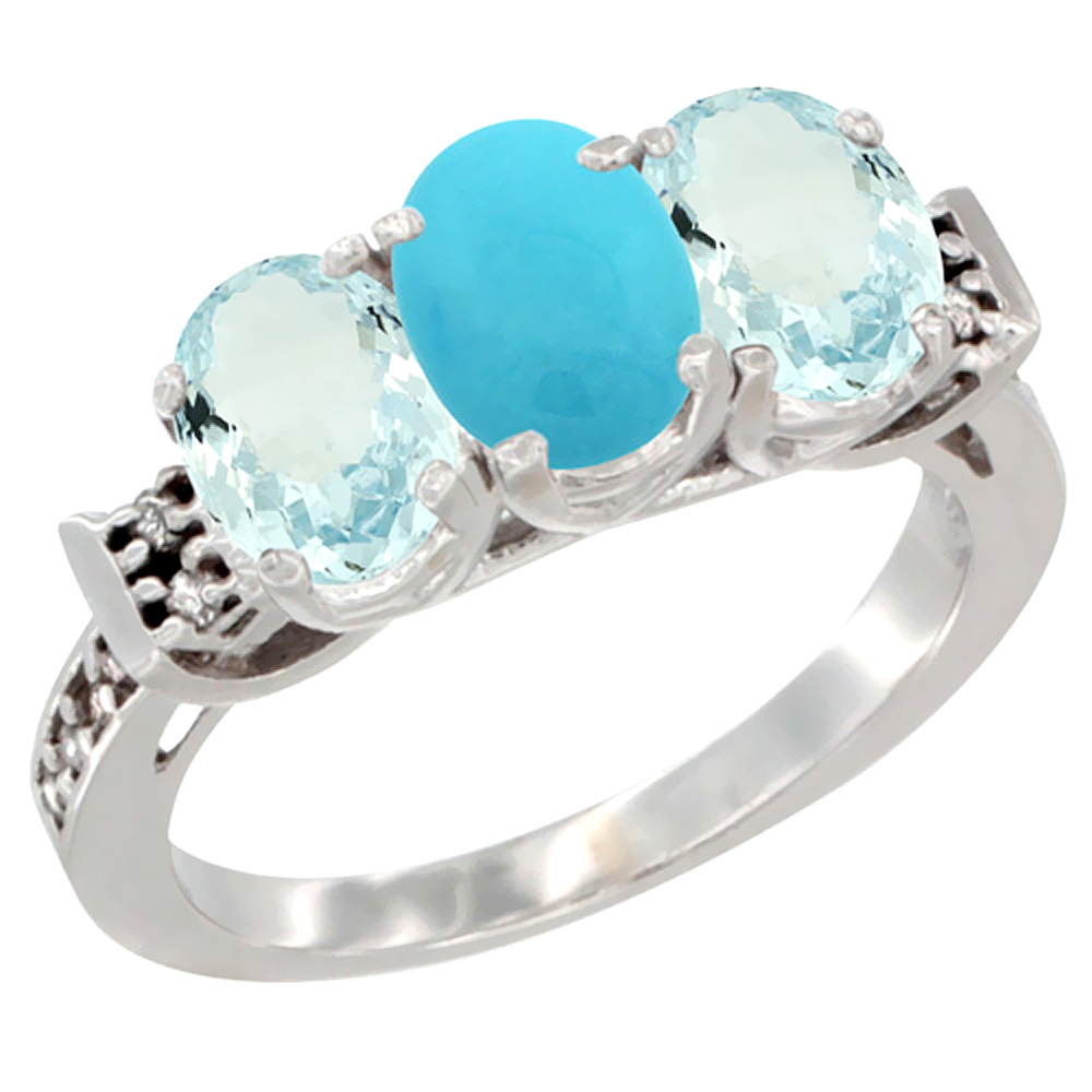 10K White Gold Natural Turquoise & Aquamarine Sides Ring 3-Stone Oval 7x5 mm Diamond Accent, sizes 5 - 10