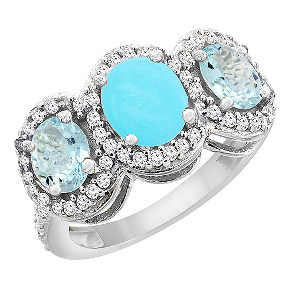 10K White Gold Natural Turquoise & Aquamarine 3-Stone Ring Oval Diamond Accent, sizes 5 - 10