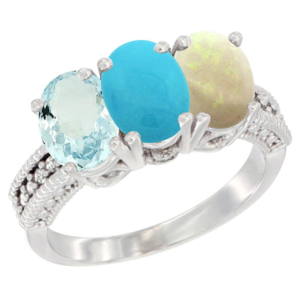 10K White Gold Natural Aquamarine, Turquoise & Opal Ring 3-Stone Oval 7x5 mm Diamond Accent, sizes 5 - 10