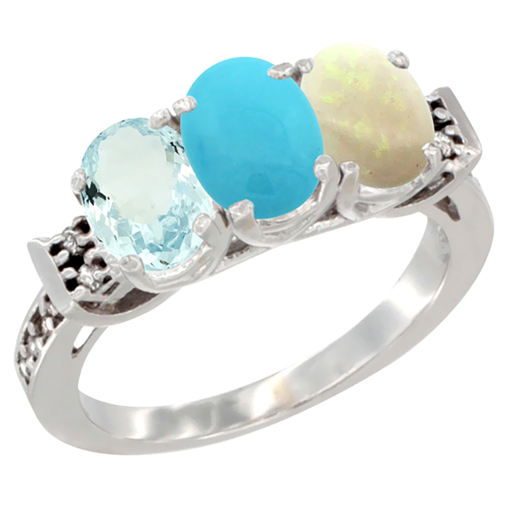 10K White Gold Natural Aquamarine, Turquoise &amp; Opal Ring 3-Stone Oval 7x5 mm Diamond Accent, sizes 5 - 10