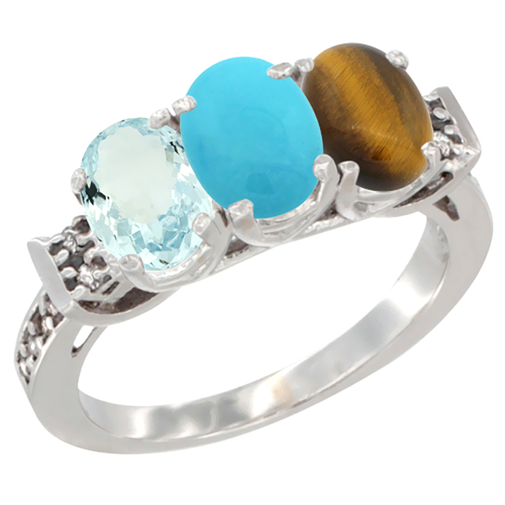 10K White Gold Natural Aquamarine, Turquoise &amp; Tiger Eye Ring 3-Stone Oval 7x5 mm Diamond Accent, sizes 5 - 10
