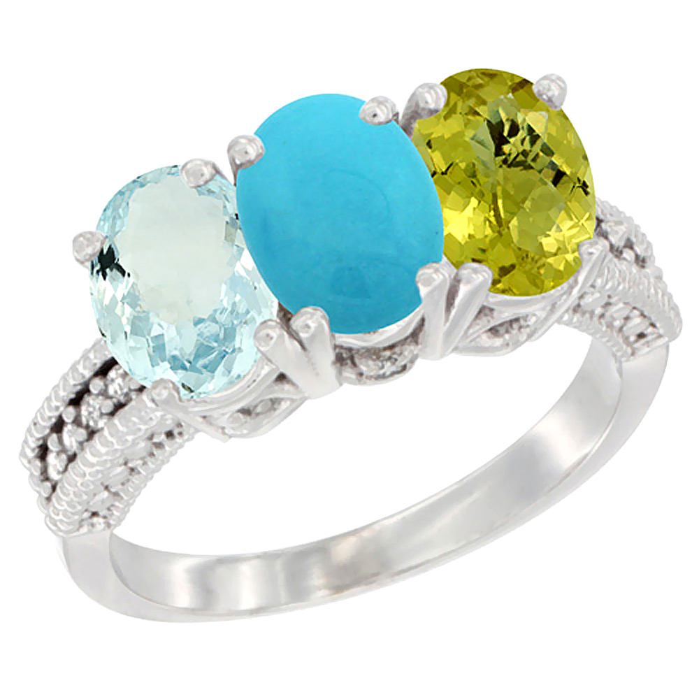 14K White Gold Natural Aquamarine, Turquoise &amp; Lemon Quartz Ring 3-Stone Oval 7x5 mm Diamond Accent, sizes 5 - 10