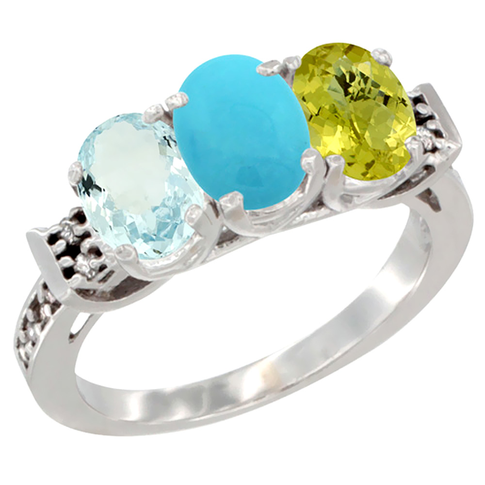 10K White Gold Natural Aquamarine, Turquoise &amp; Lemon Quartz Ring 3-Stone Oval 7x5 mm Diamond Accent, sizes 5 - 10