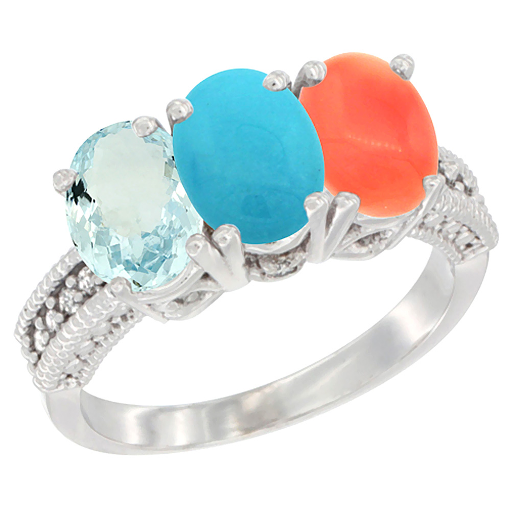 14K White Gold Natural Aquamarine, Turquoise &amp; Coral Ring 3-Stone Oval 7x5 mm Diamond Accent, sizes 5 - 10