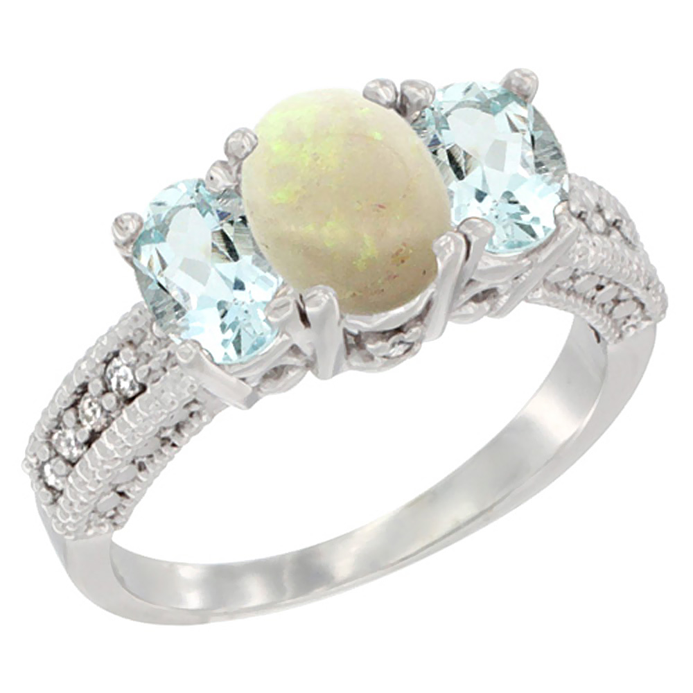 10K White Gold Diamond Natural Opal Ring Oval 3-stone with Aquamarine, sizes 5 - 10