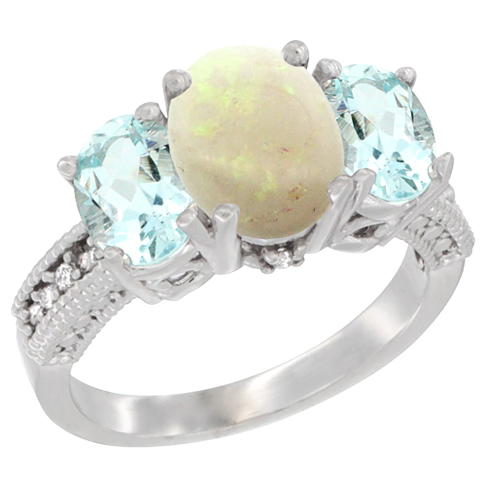 10K White Gold Diamond Natural Opal Ring 3-Stone Oval 8x6mm with Aquamarine, sizes5-10