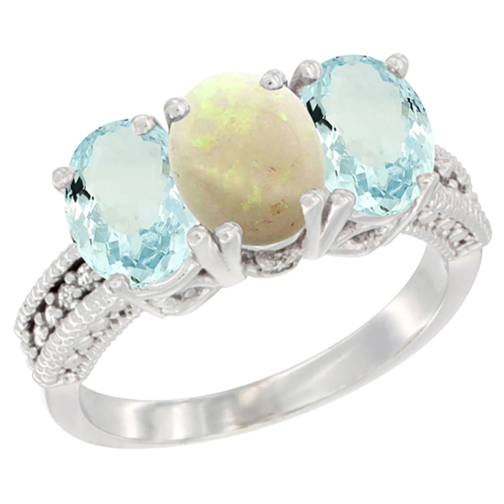 14K White Gold Natural Opal &amp; Aquamarine Sides Ring 3-Stone Oval 7x5 mm Diamond Accent, sizes 5 - 10