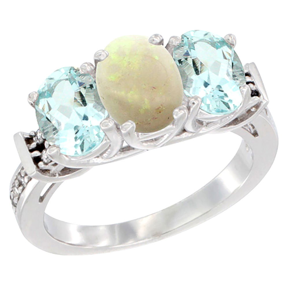10K White Gold Natural Opal &amp; Aquamarine Sides Ring 3-Stone Oval Diamond Accent, sizes 5 - 10