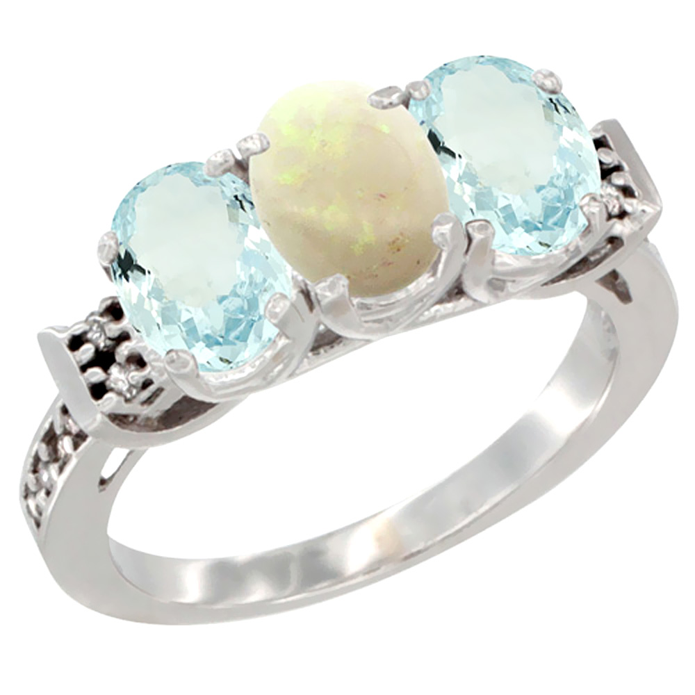 10K White Gold Natural Opal &amp; Aquamarine Sides Ring 3-Stone Oval 7x5 mm Diamond Accent, sizes 5 - 10