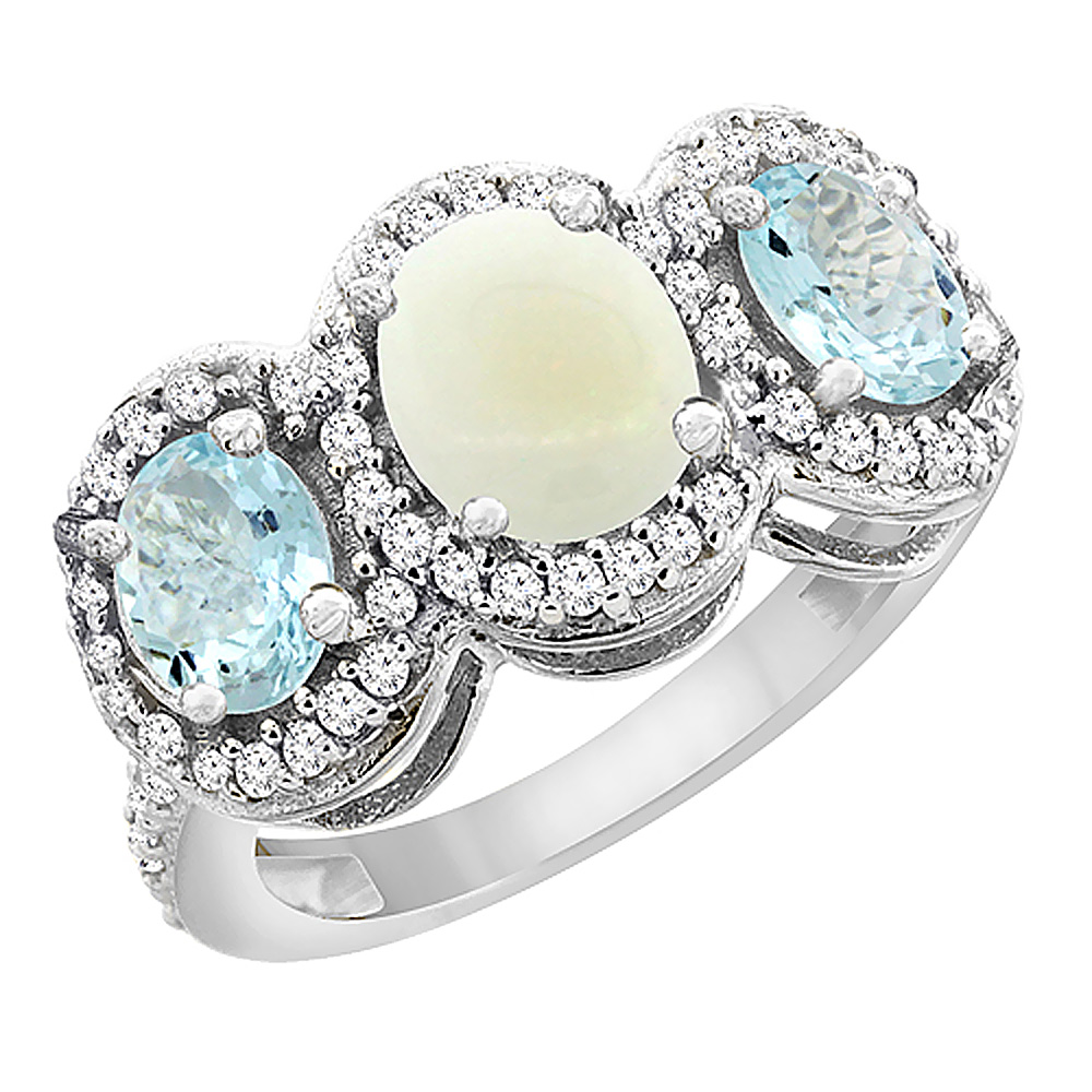 10K White Gold Natural Opal &amp; Aquamarine 3-Stone Ring Oval Diamond Accent, sizes 5 - 10