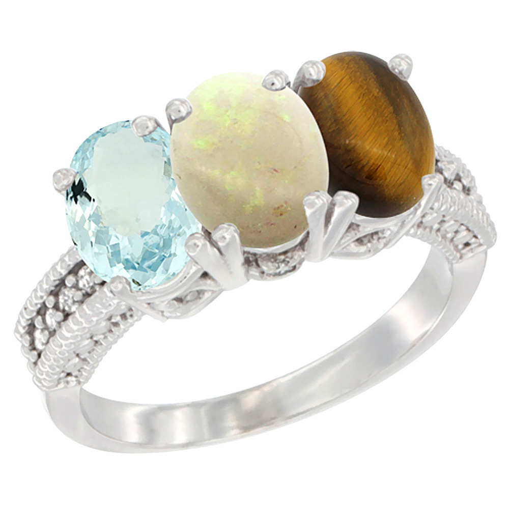 10K White Gold Natural Aquamarine, Opal & Tiger Eye Ring 3-Stone Oval 7x5 mm Diamond Accent, sizes 5 - 10