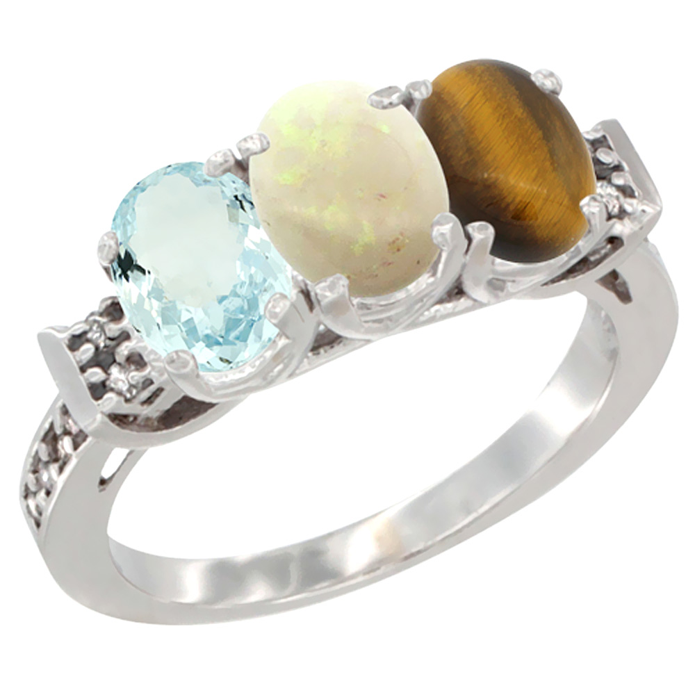 10K White Gold Natural Aquamarine, Opal &amp; Tiger Eye Ring 3-Stone Oval 7x5 mm Diamond Accent, sizes 5 - 10