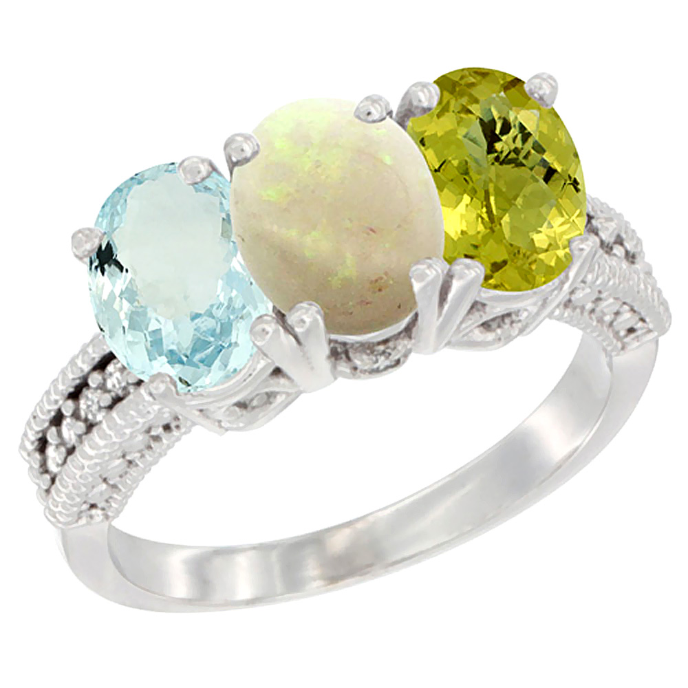 10K White Gold Natural Aquamarine, Opal & Lemon Quartz Ring 3-Stone Oval 7x5 mm Diamond Accent, sizes 5 - 10